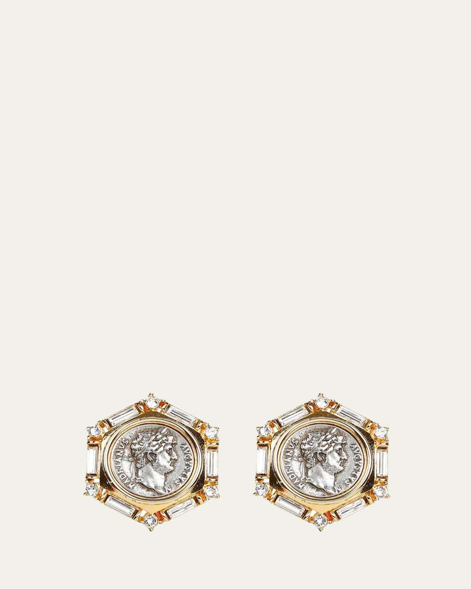 Roman Coin and Crystal Clip Earrings